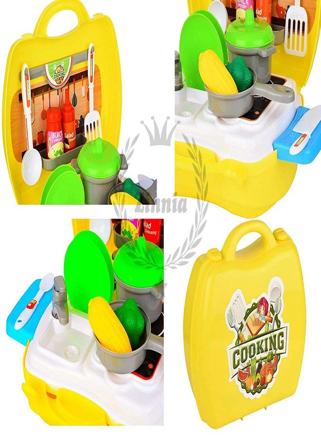 MANVI طقم مطبخ للبنات، مطبخ مع حقيبة سفر، طقم مطبخ لعب وردي، هدية تعليمية رائعة للبنات (حقيبة سفر مطبخ صفراء) - Image 3